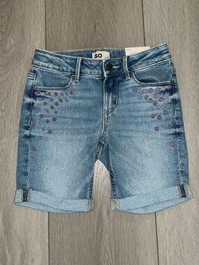 SO Girls' Light Wash Denim Mid Ride Bermuda Shorts with Floral Stud Detail